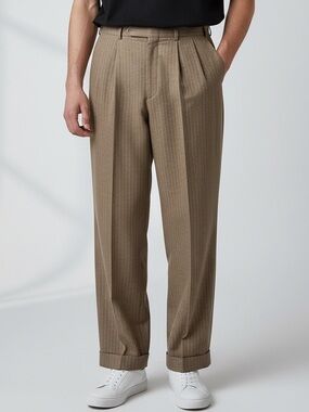 Vintage Lands’ End 100% Wool Tailored Pleat Front Dress Pants in Brown Pinstripe